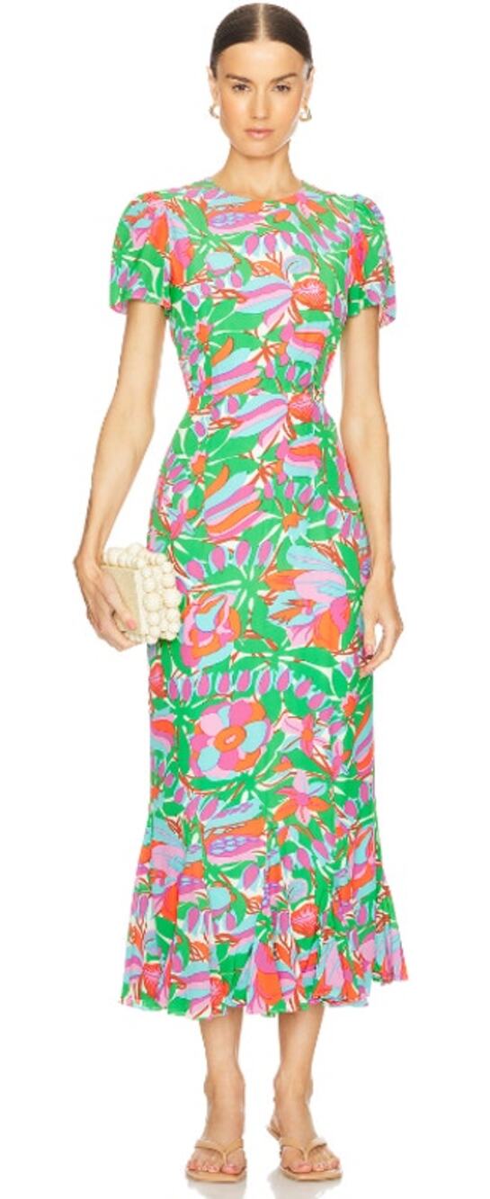 RHODE Lulani Dress White Fleur Tropicale Ruffle Hem Midi Green Floral Dress 4